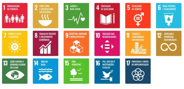 Imagem com os 17 Objetivos de Desenvolvimento Sustentável da ONU representados por ícones coloridos