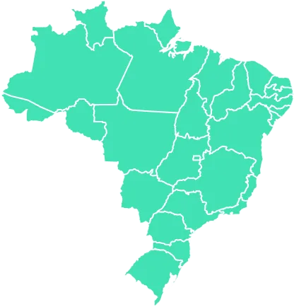 Mapa do Brasil com destaque em verde para os estados onde a empresa atua no Mercado Livre de Energia