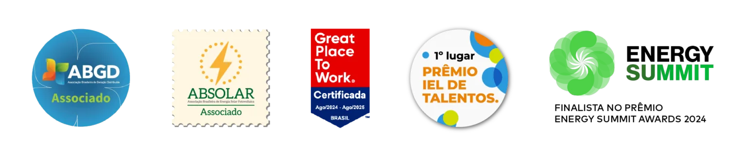 Selos de reconhecimento da Evolua Energia, incluindo certificações da ABGD, ABSOLAR, Great Place to Work, Prêmio IEL de Talentos e participação no Energy Summit